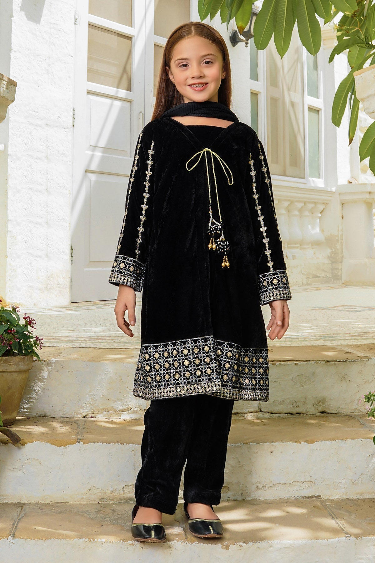 Velvet Embroidered 3 Pc Suit - Wear Ochre
