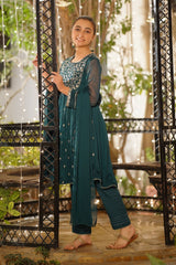 Ochre Clothing Girls Full Suits Chiffon Embroidered 3 Pc Suit