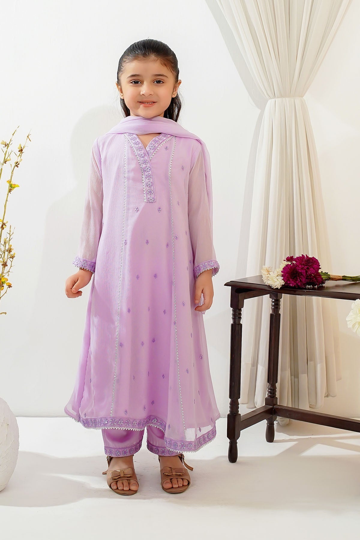 Ochre Clothing Toddlers Eastern Chiffon Embroidered 3 Pc Suit
