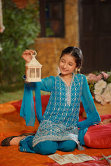 Ochre Clothing Girls Full Suits Chiffon Embroidered 3 Pc Suit