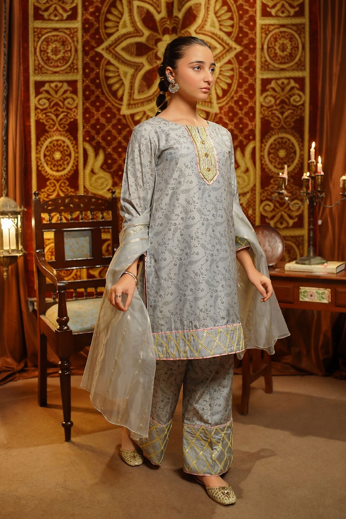 Ochre Clothing Girls Full Suits Cotton Silk Embellished 3 Pc Suit
