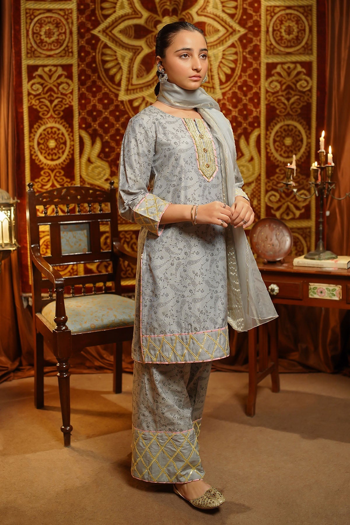 Ochre Clothing Girls Full Suits Cotton Silk Embellished 3 Pc Suit