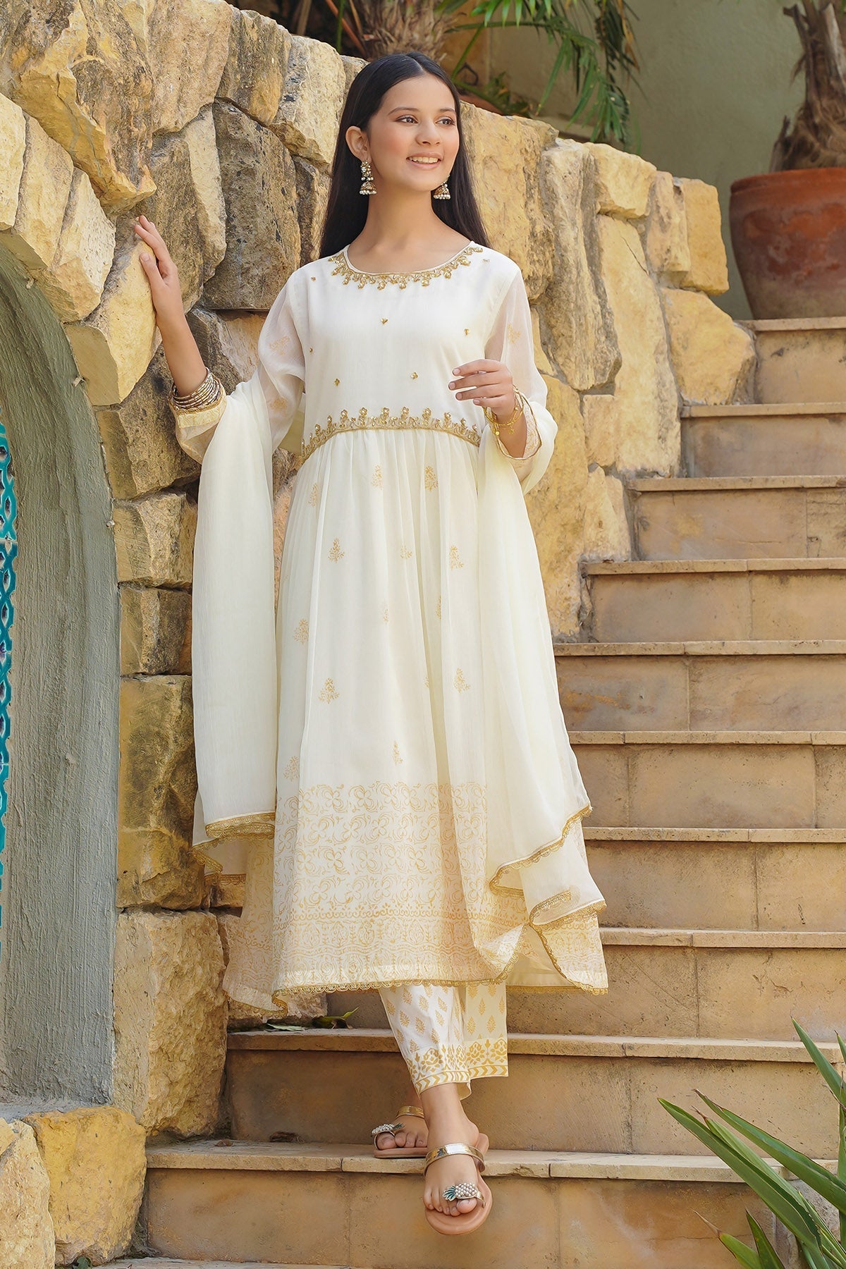 Chiffon Hand Adda Work 3 Pc Suit - Wear Ochre