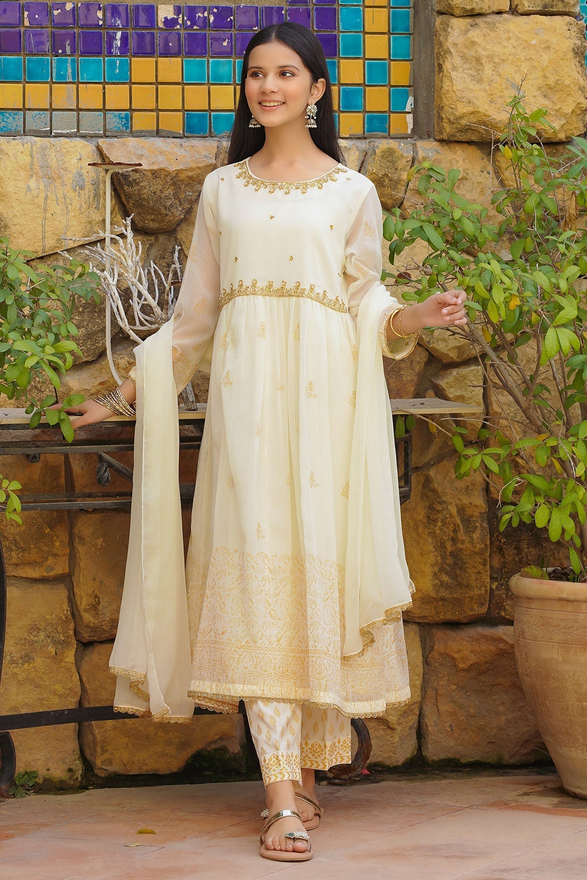 Chiffon Hand Adda Work 3 Pc Suit - Wear Ochre