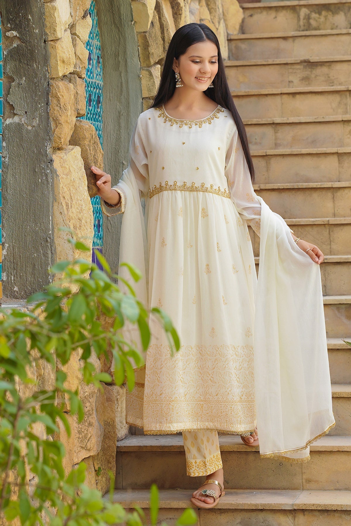 Chiffon Hand Adda Work 3 Pc Suit - Wear Ochre