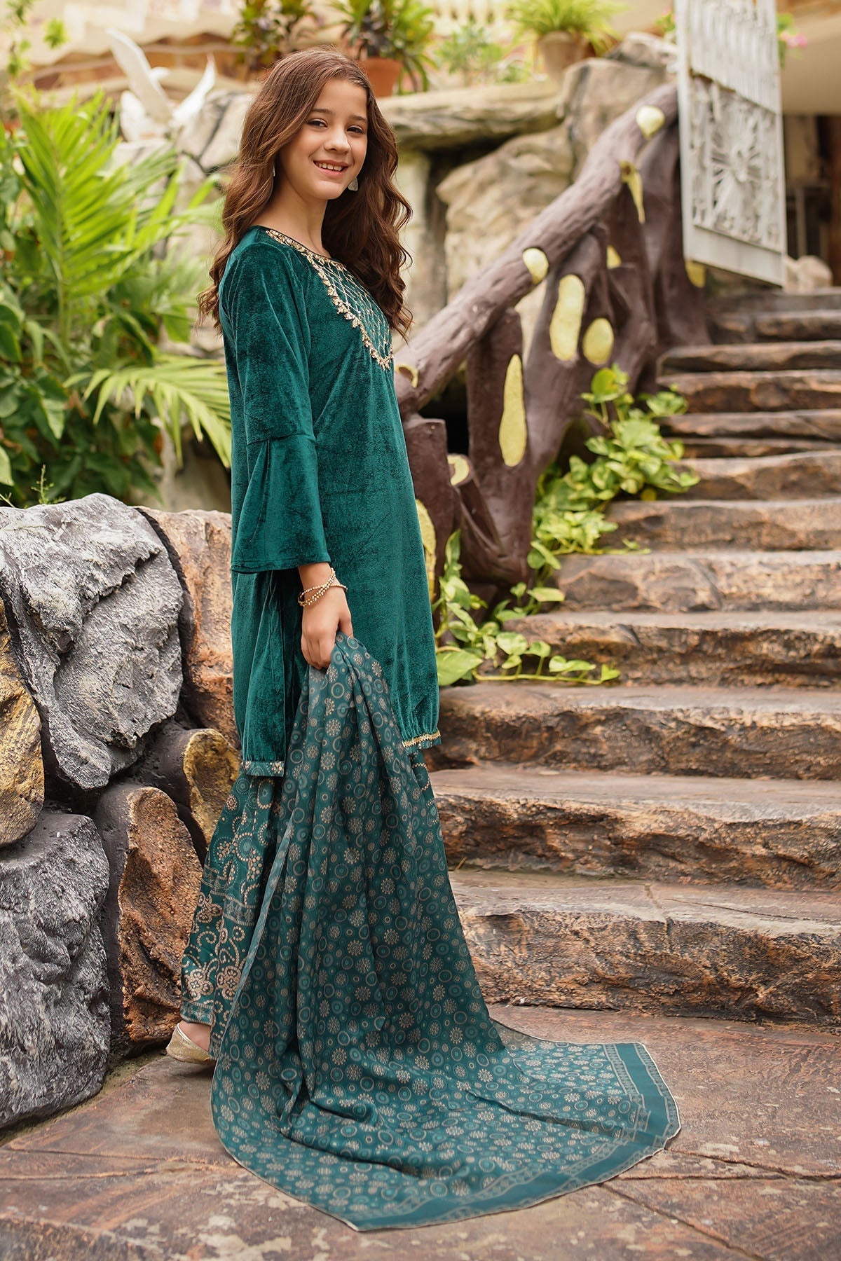 Ochre Clothing Velvet Hand Adda Work 3 Pc Suit