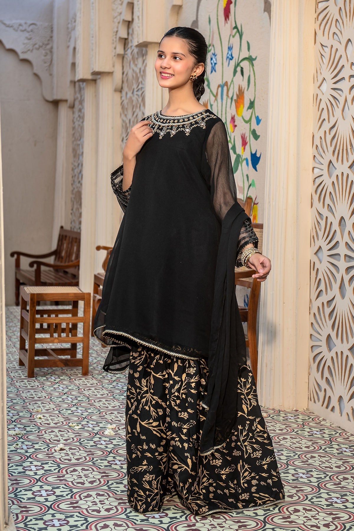 Chiffon Hand Adda Work 3 Pc Suit - Wear Ochre