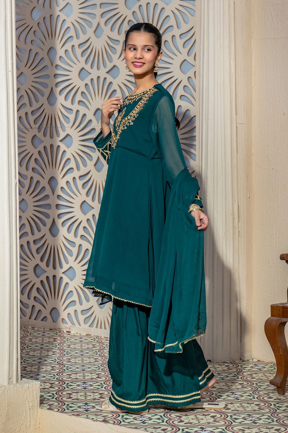 Chiffon Hand Adda Work 3 Pc Suit - Wear Ochre