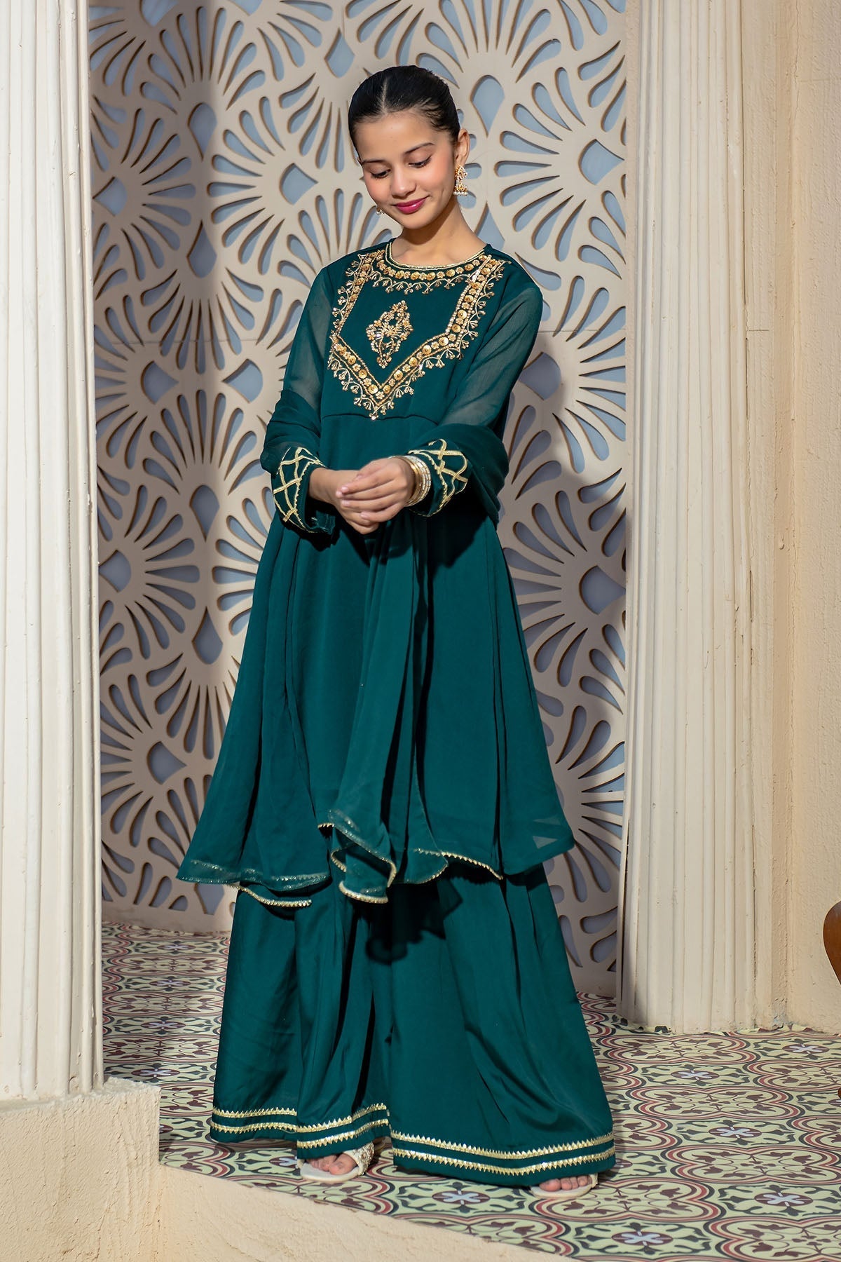 Chiffon Hand Adda Work 3 Pc Suit - Wear Ochre