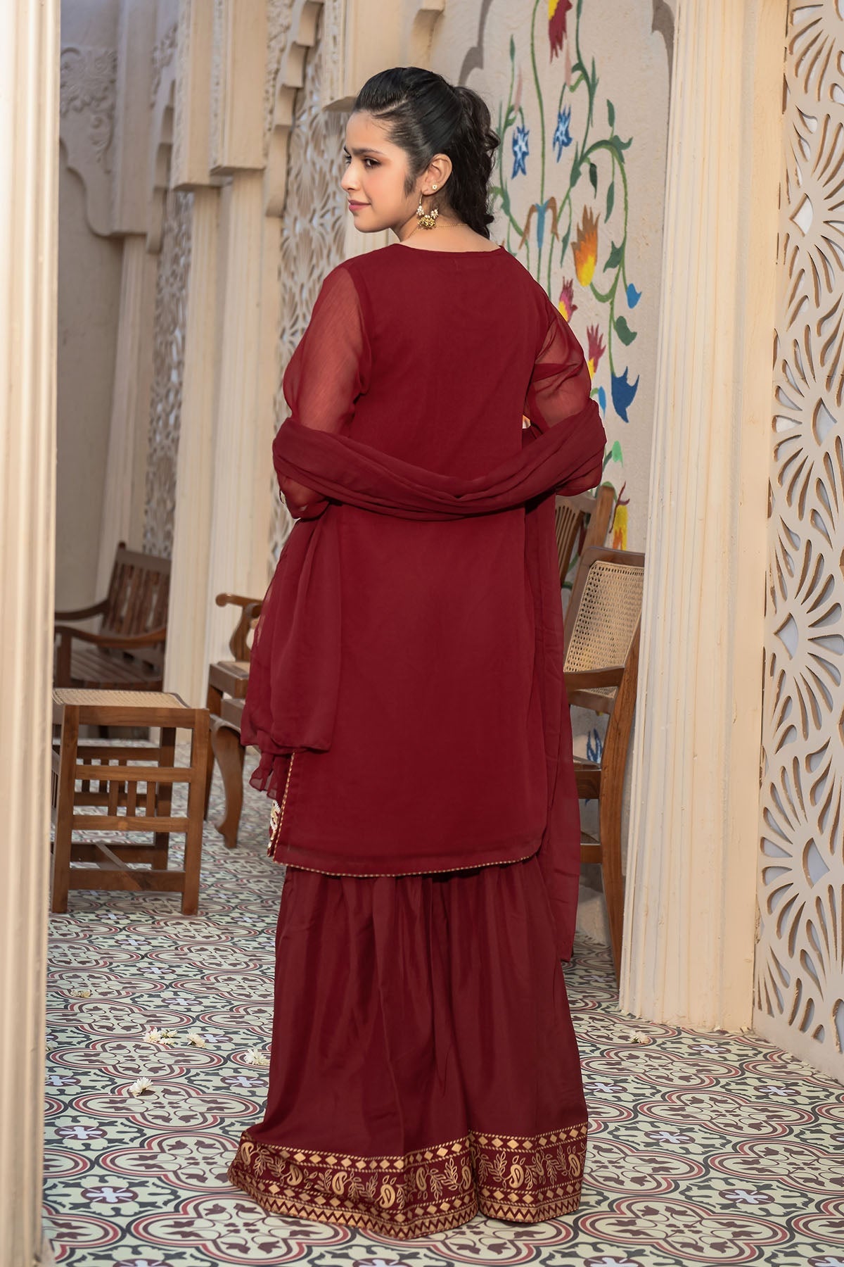 Chiffon Hand Adda Work 3 Pc Suit - Wear Ochre