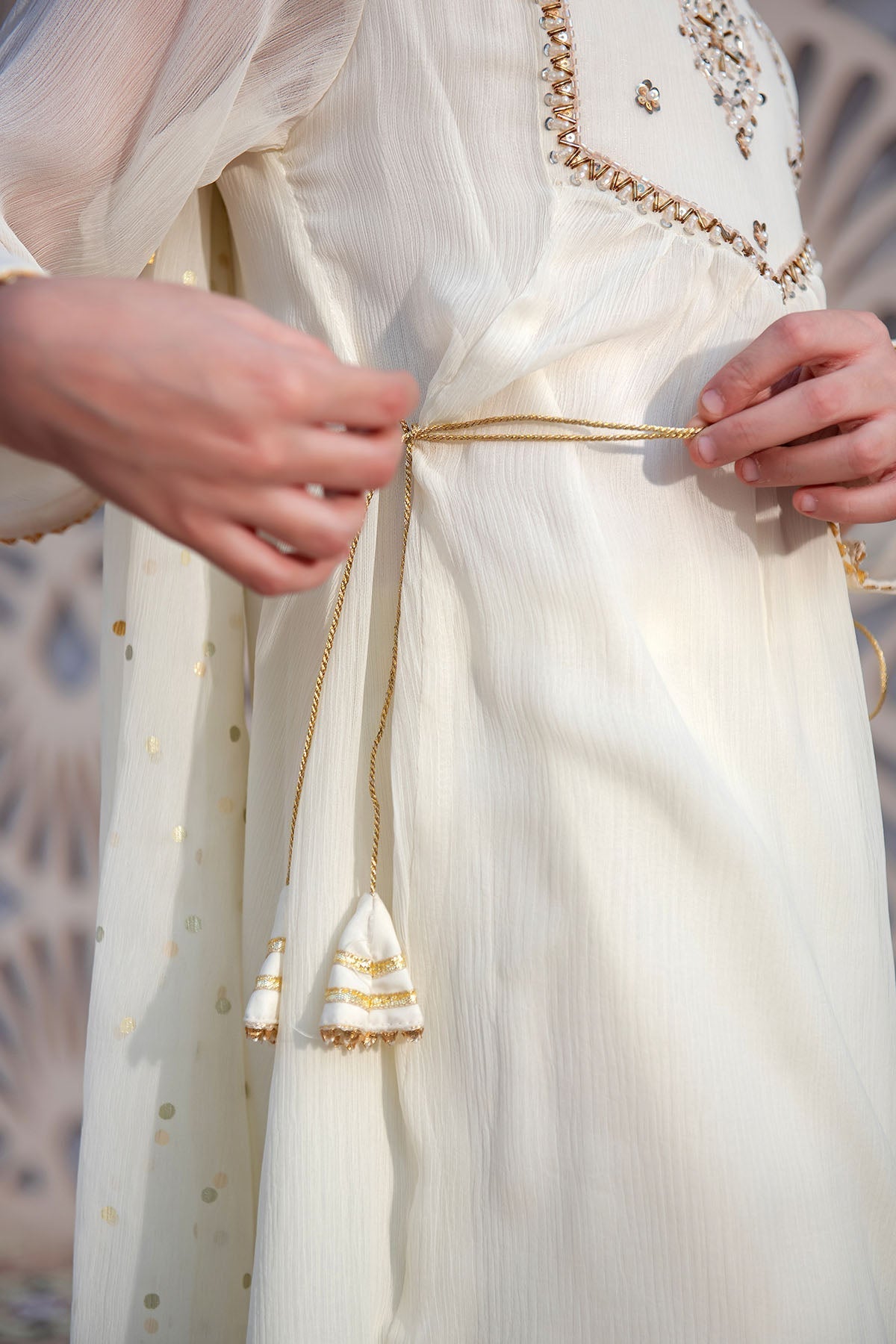 Chiffon Hand Adda Work 3 Pc Suit - Wear Ochre