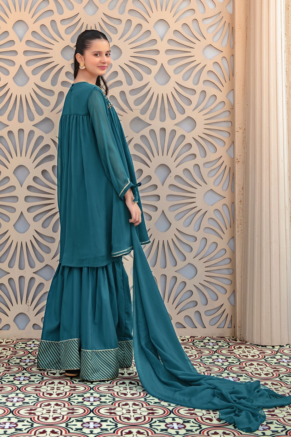 Chiffon Hand Adda Work 3 Pc Suit - Wear Ochre