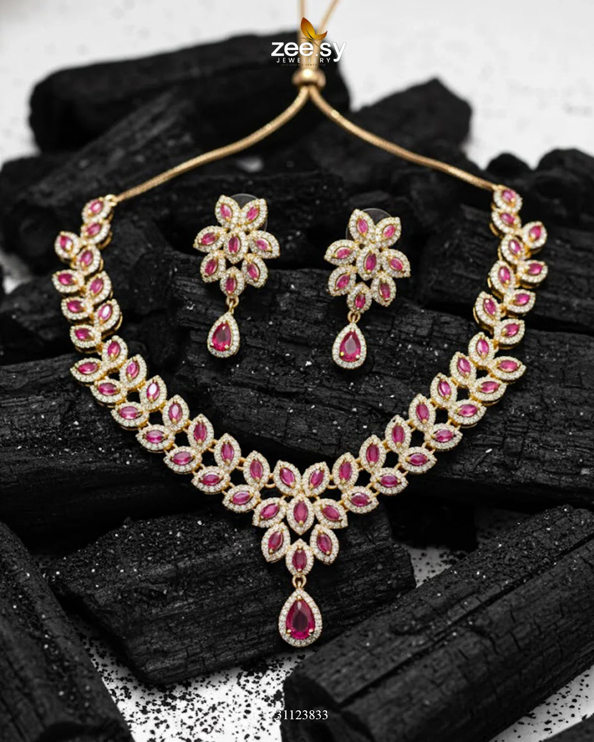Rich Heritage Stream Necklace Set Golden Ruby - Zeesy Jewellery