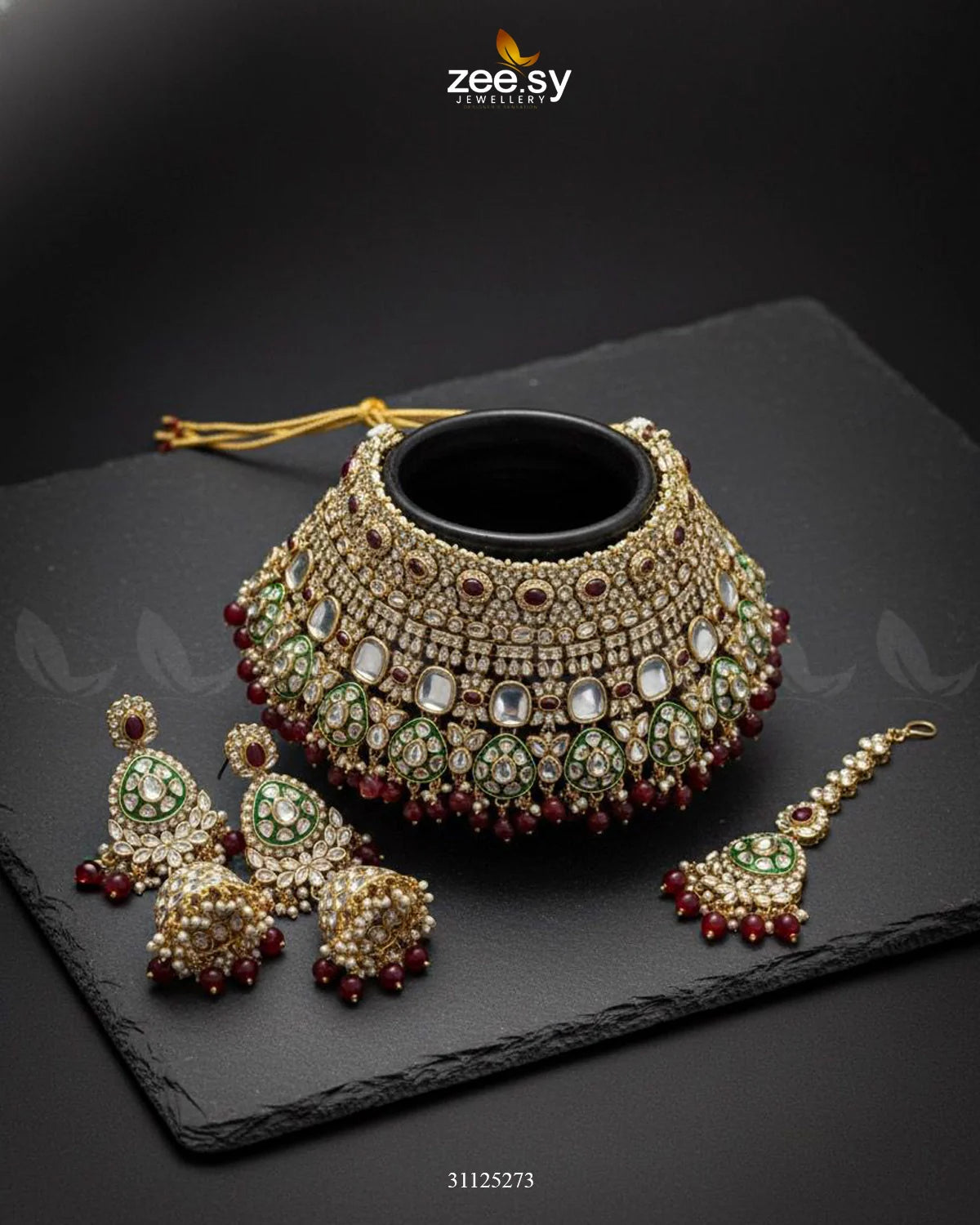 Royal Intricate Crystal Bridal Set Golden Red - Zeesy Jewellery