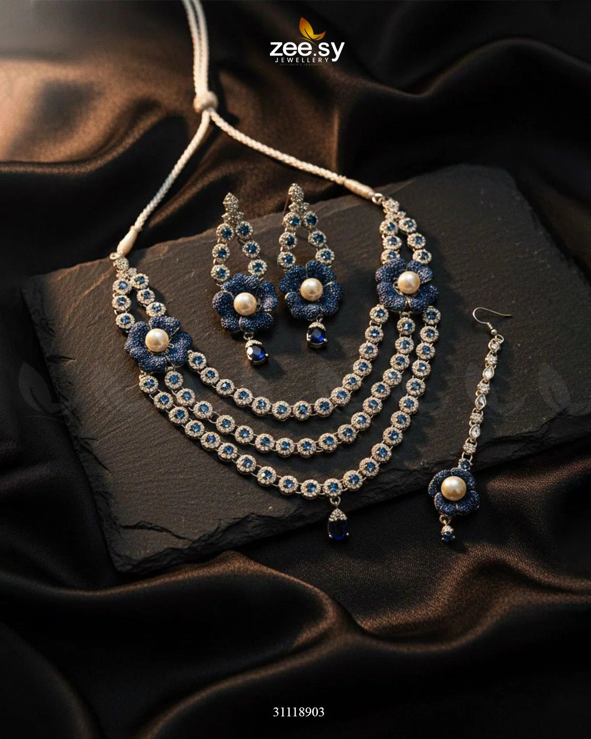 Grandeur Necklace Set Silver Blue - Zeesy Jewellery