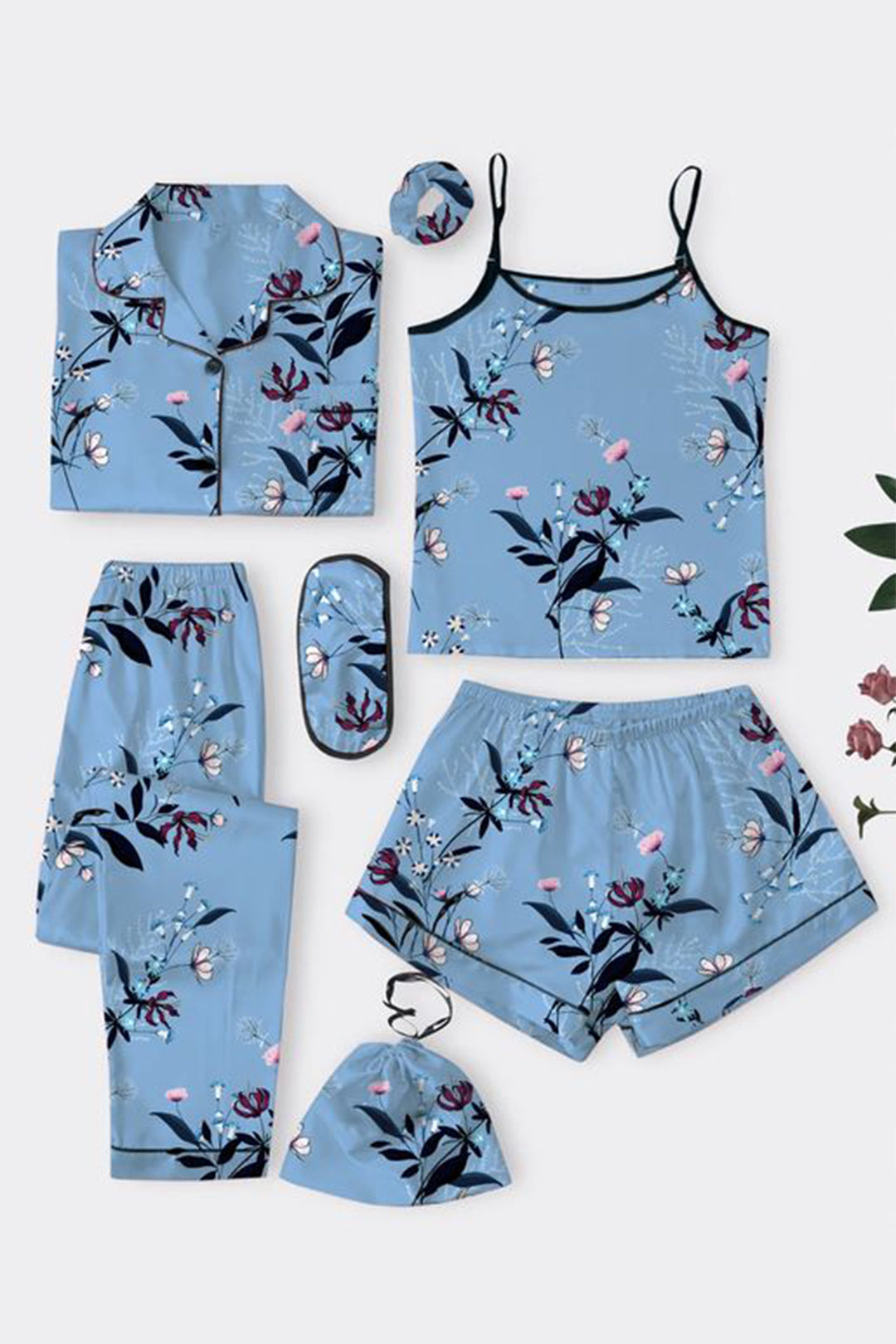 Studio By Arj She's Inn Blissful Silky Satin Night Dress For Women and Girls 7 Piece Night Wear- Silky Satin Womens Pajama Sets Button Down Sleepwear Loungewear - Night Dress Nighty with Shirt and Trouser by Mid Night Vibes