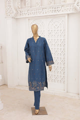 Mannequin wearing a blue embroidered kurta with pants against a white decorative wall.