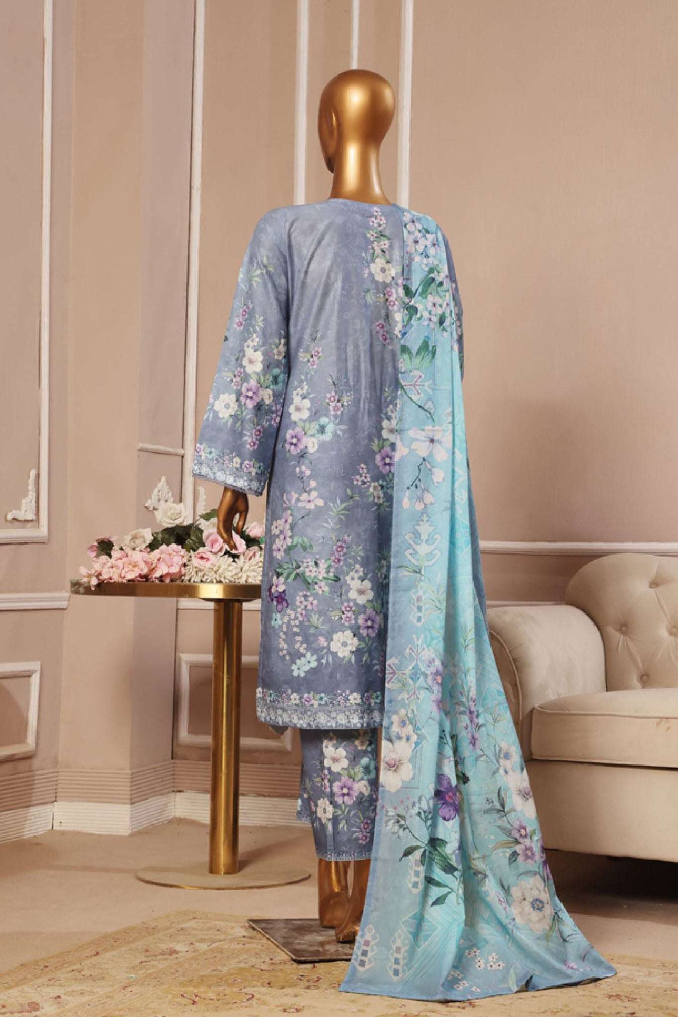 Bin Saeed Stitched 3 Piece Exclusive Emb Lawn Vol-01 Collection-SM-026-Grey