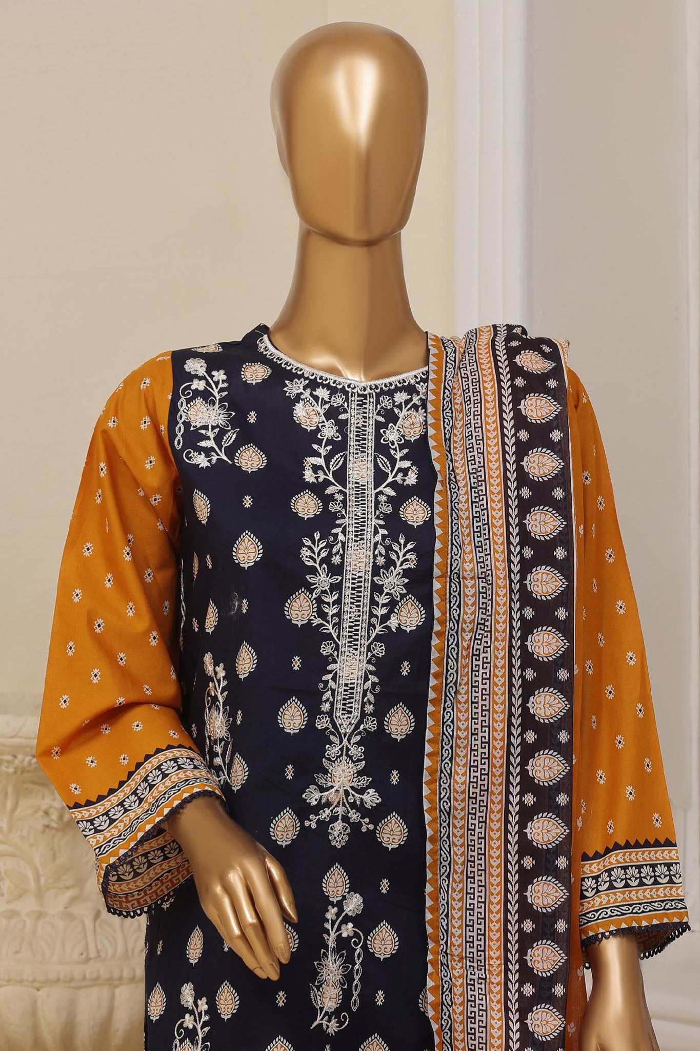 Bin Saeed Stitched 3 Piece Exclusive Emb Lawn Vol-01 Collection-SM-1501-Blue