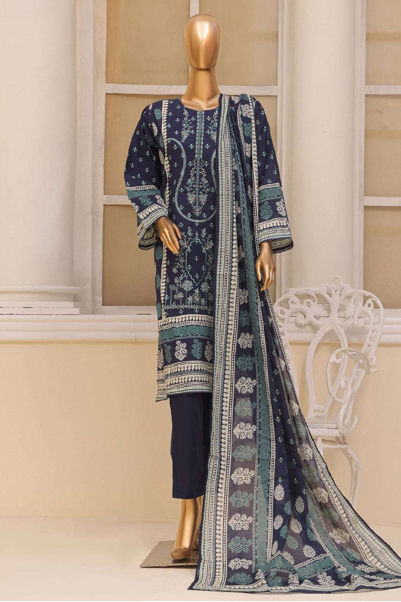 Bin Saeed Stitched 3 Piece Exclusive Emb Lawn Vol-01 Collection-SM-043-Navy Blue