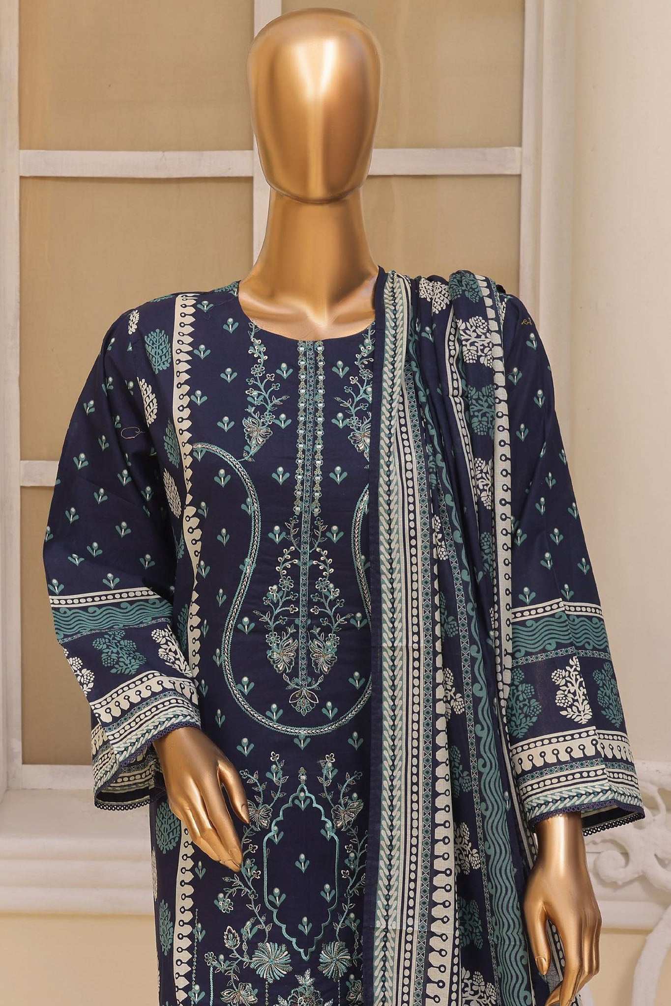 Bin Saeed Stitched 3 Piece Exclusive Emb Lawn Vol-01 Collection-SM-043-Navy Blue
