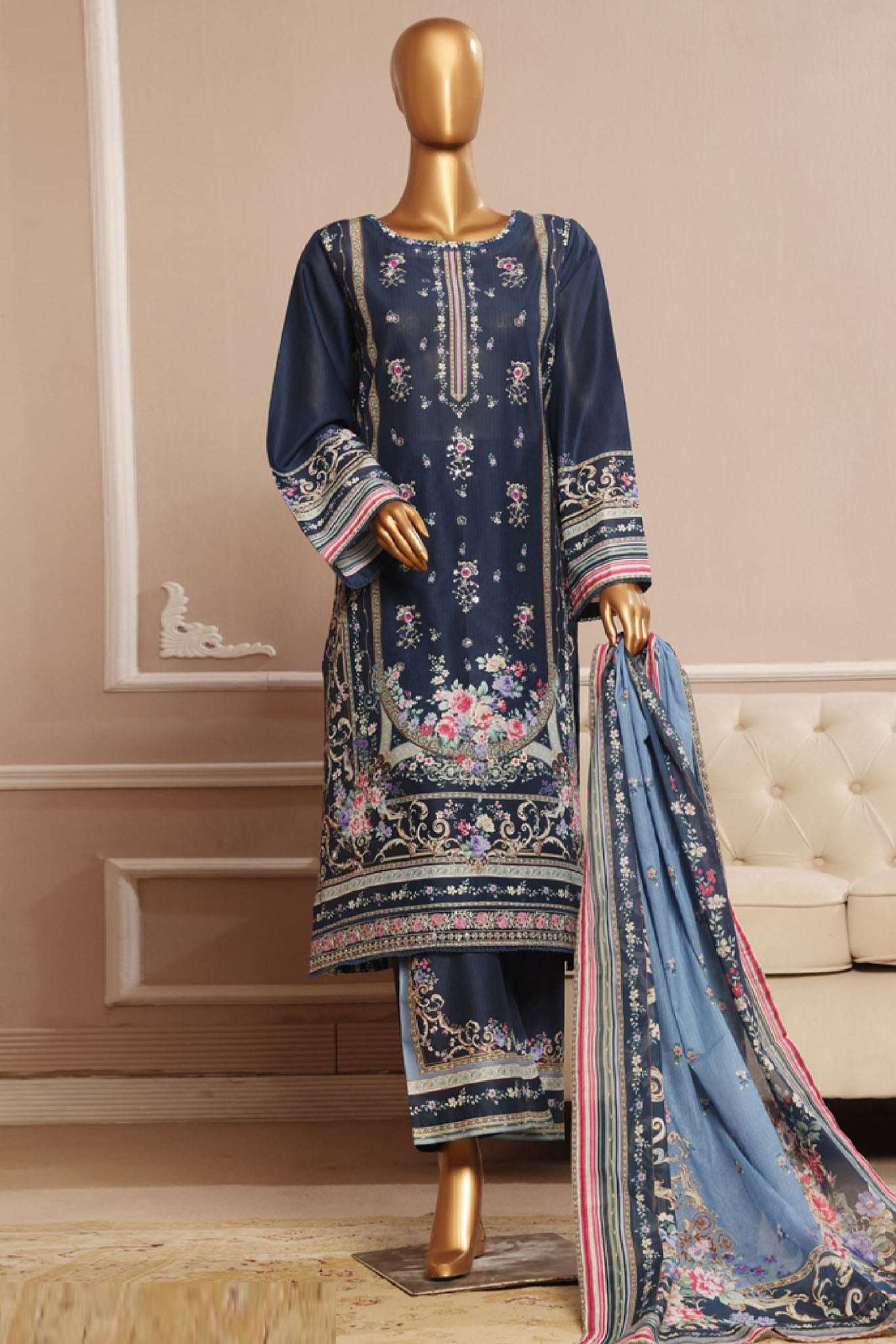 Bin Saeed Stitched 3 Piece Exclusive Emb Lawn Vol-01 Collection-SM-044-Navy Blue