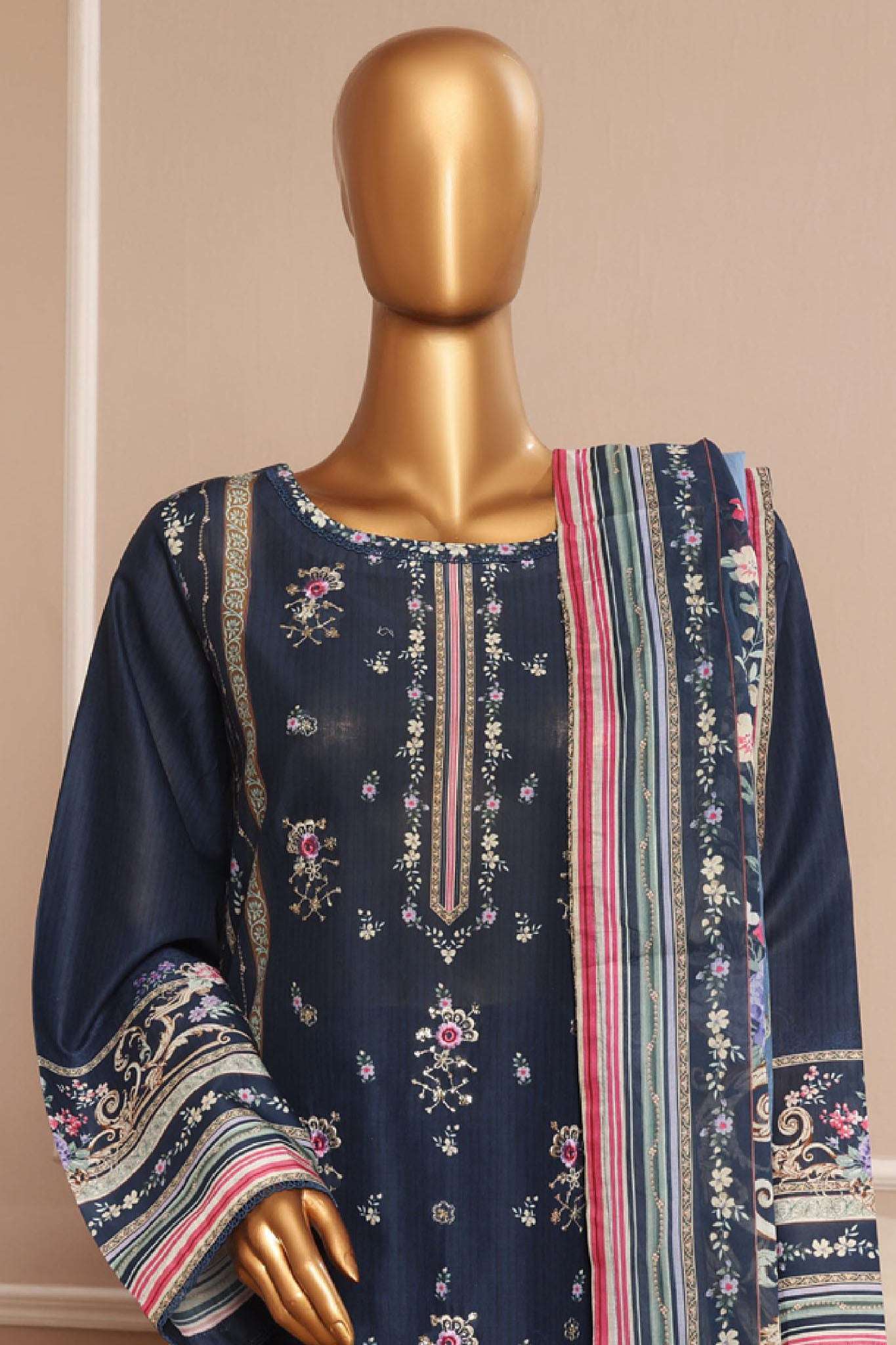 Bin Saeed Stitched 3 Piece Exclusive Emb Lawn Vol-01 Collection-SM-044-Navy Blue