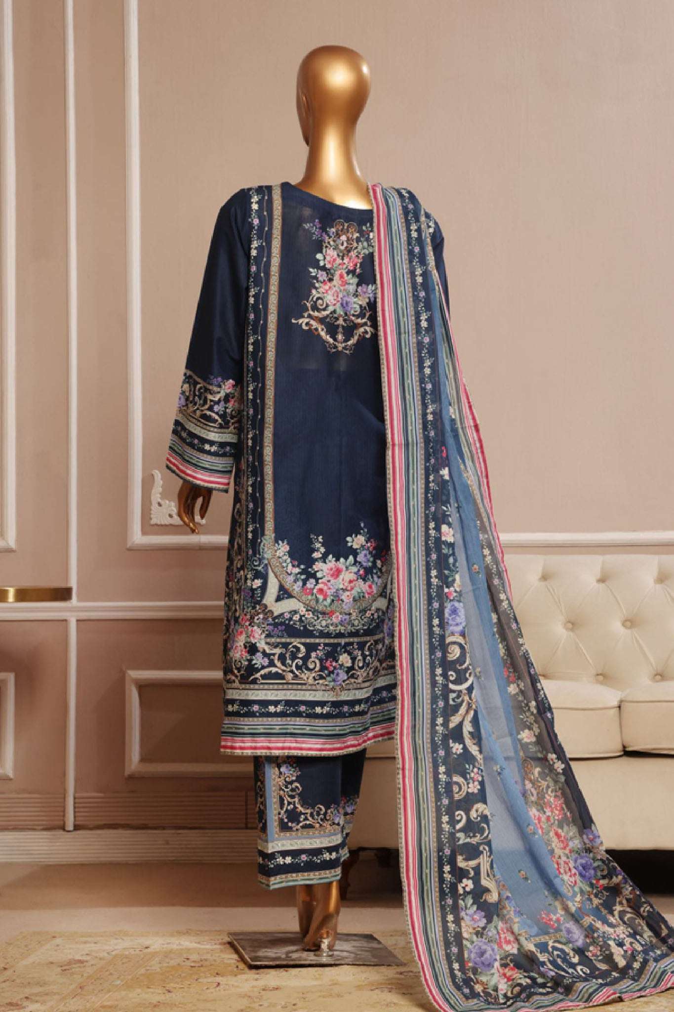 Bin Saeed Stitched 3 Piece Exclusive Emb Lawn Vol-01 Collection-SM-044-Navy Blue