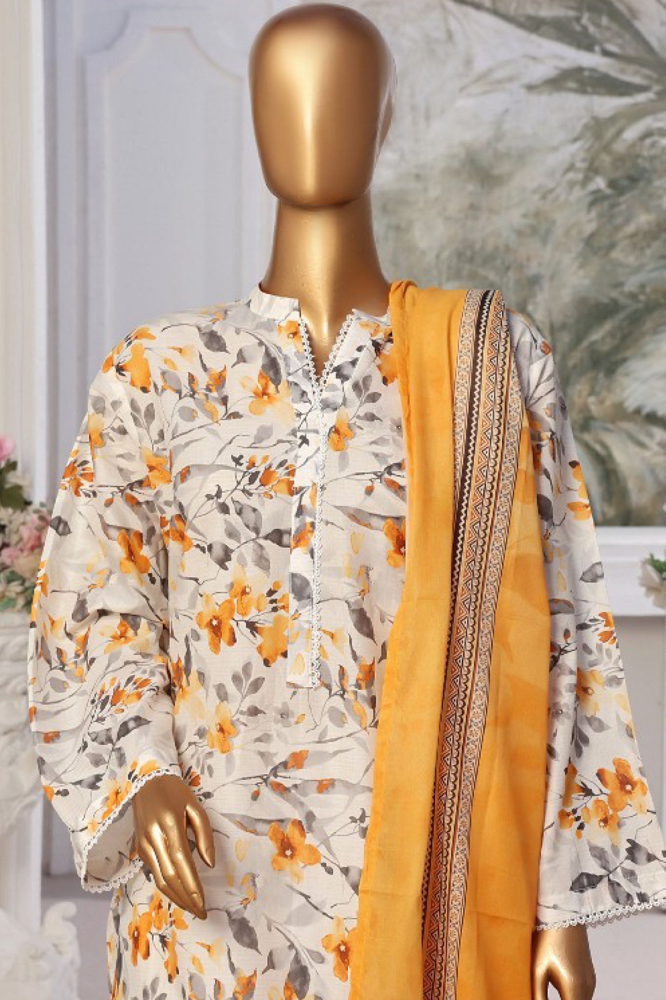 Bin Saeed Stitched 3 Piece Exclusive Printed Lawn Vol-05 Collection-SM-1849-Yellow
