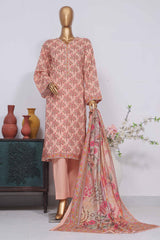 Bin Saeed Stitched 3 Piece Exclusive Printed Lawn Vol-03 Collection-SM-1435-Peach