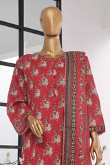 Bin Saeed Stitched 3 Piece Exclusive Printed Lawn Vol-04 Collection-SM-1445-Red