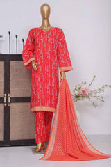 Bin Saeed Stitched 3 Piece Exclusive Printed Lawn Vol-03 Collection-SM-1453-Red