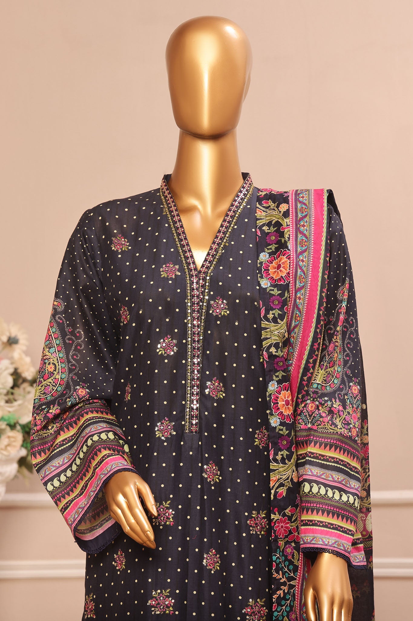 Bin Saeed Stitched 3 Piece Exclusive Emb Lawn Vol-02 Collection-SM-1557-Blue