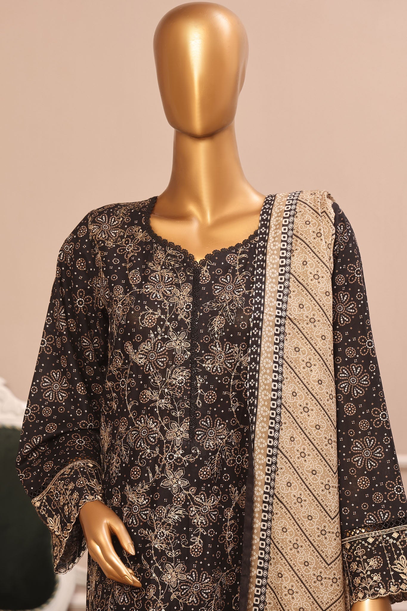 Bin Saeed Stitched 3 Piece Exclusive Emb Lawn Vol-02 Collection-SM-1560-Black
