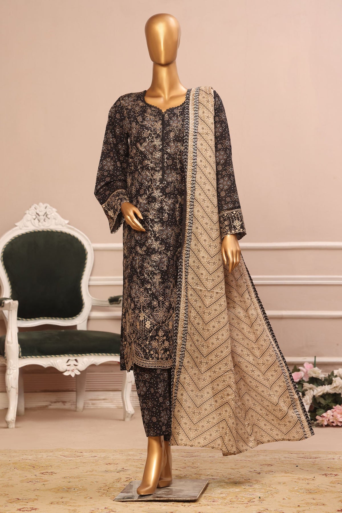 Bin Saeed Stitched 3 Piece Exclusive Emb Lawn Vol-02 Collection-SM-1560-Black