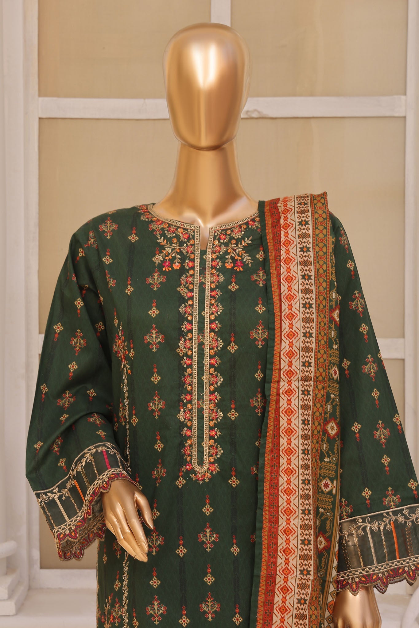 Bin Saeed Stitched 3 Piece Exclusive Emb Lawn Vol-02 Collection-SM-1569-Green
