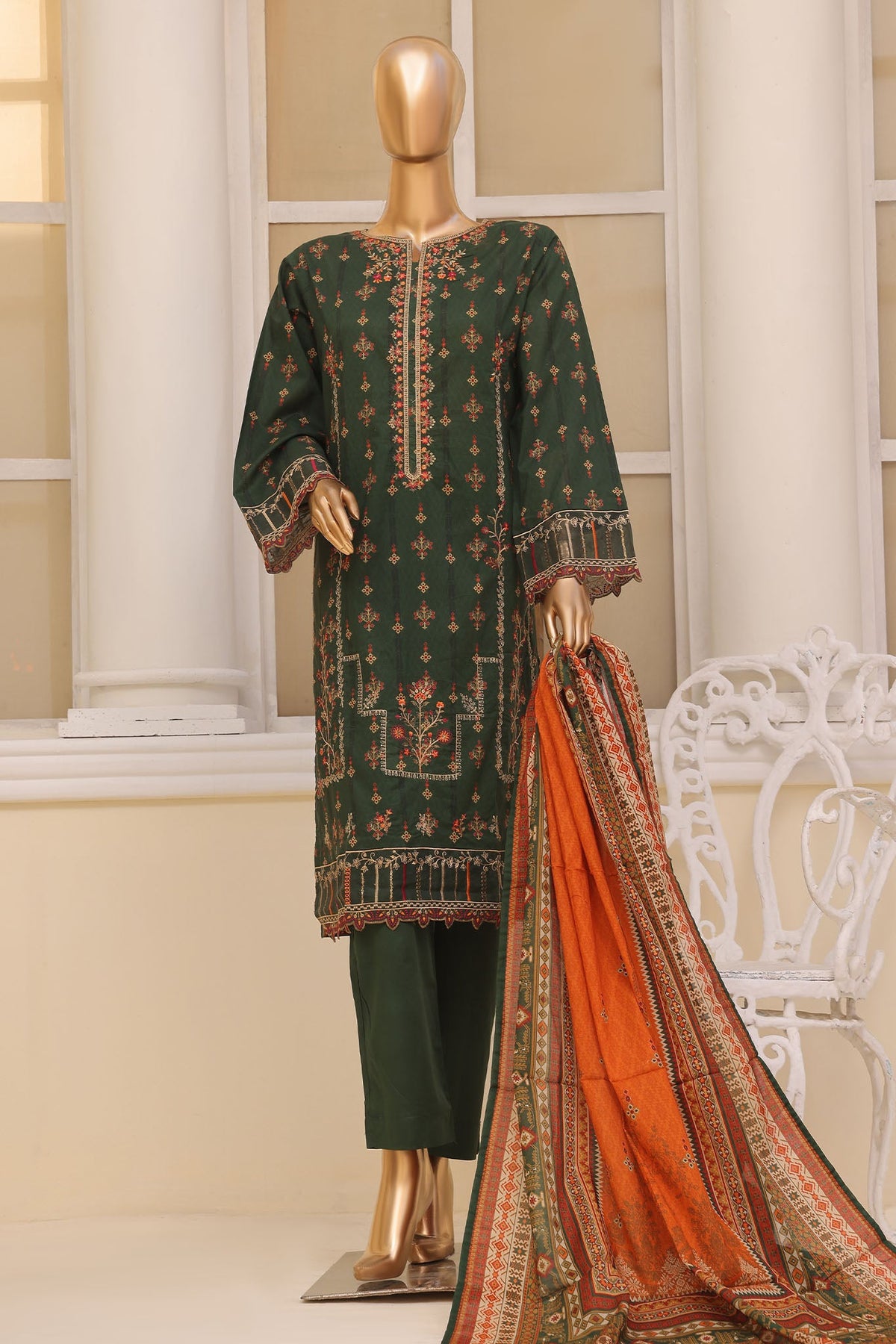 Bin Saeed Stitched 3 Piece Exclusive Emb Lawn Vol-02 Collection-SM-1569-Green