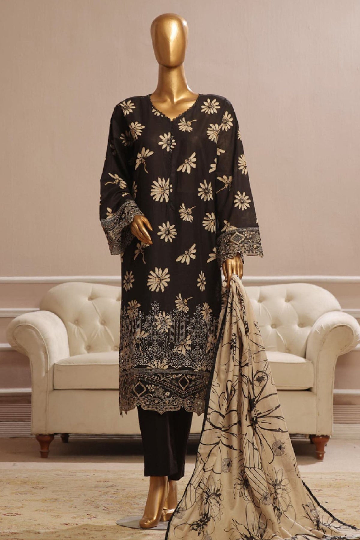 Bin Saeed Stitched 3 Piece Exclusive Emb Lawn Vol-02 Collection-SM-1574-Black