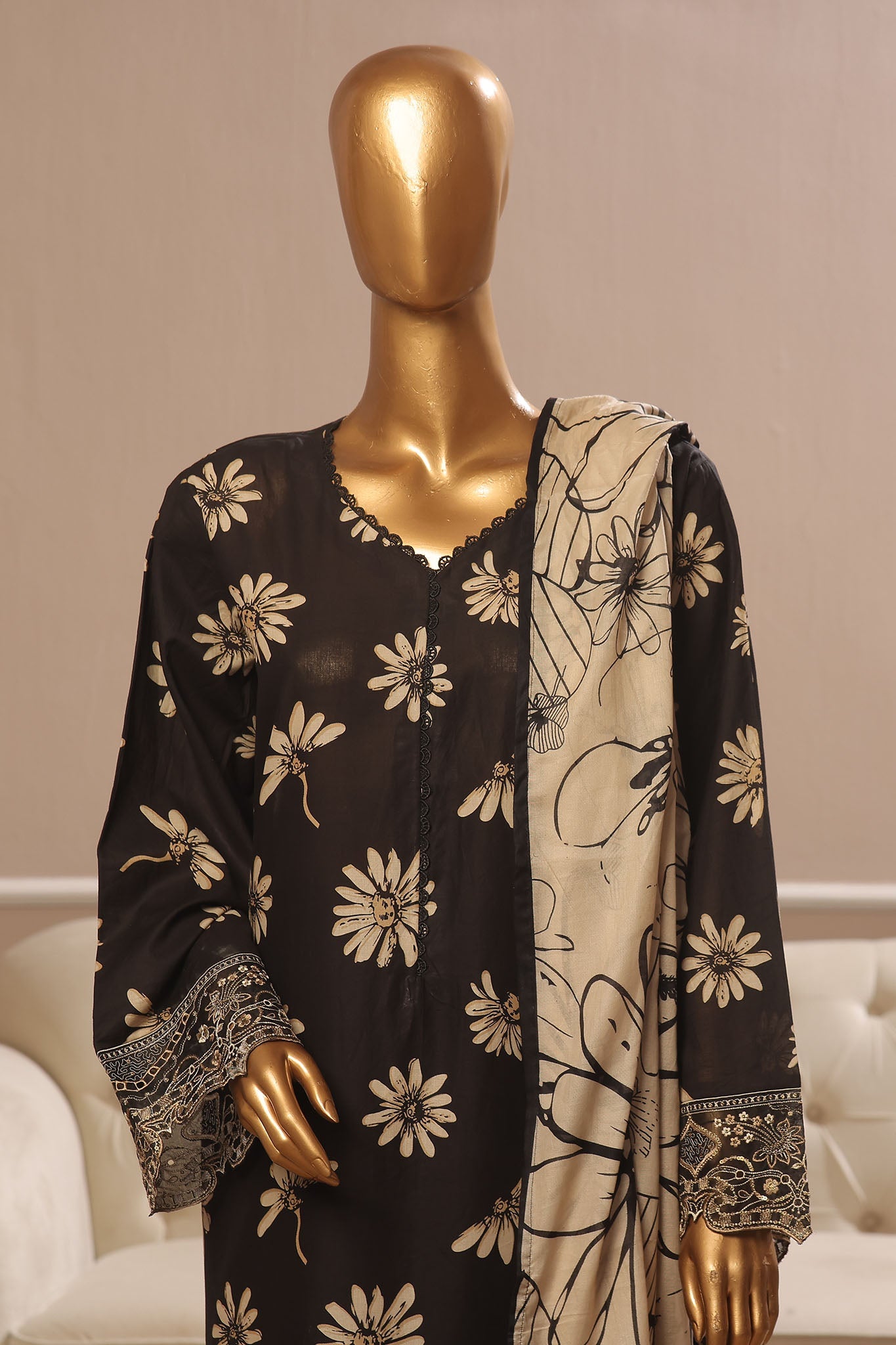 Bin Saeed Stitched 3 Piece Exclusive Emb Lawn Vol-02 Collection-SM-1574-Black