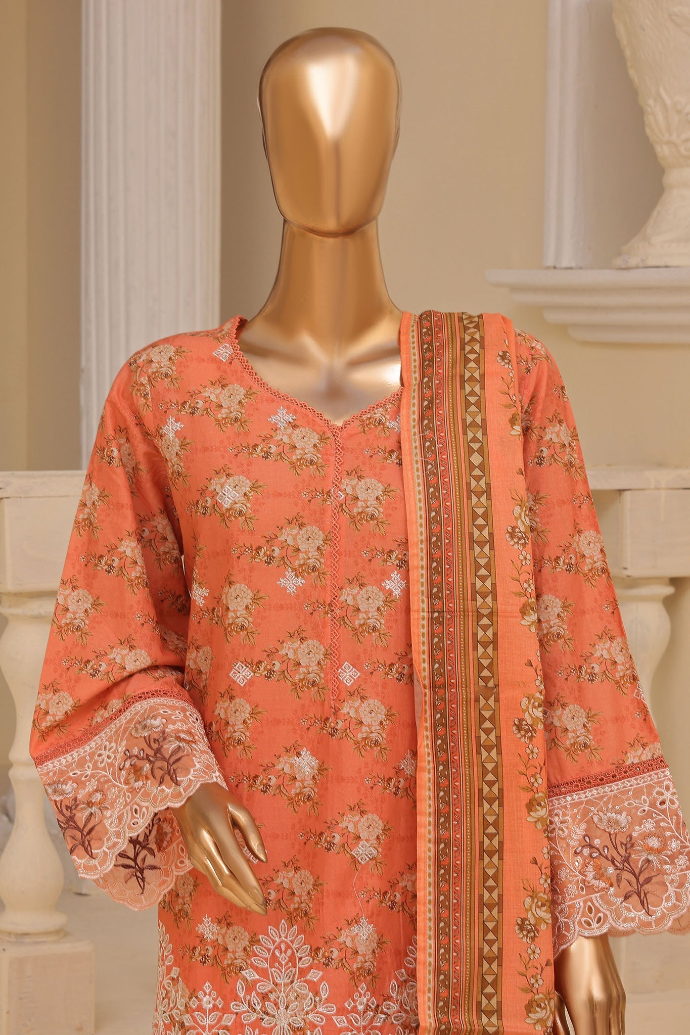Bin Saeed Stitched 3 Piece Exclusive Emb Lawn Vol-02 Collection-SM-1576-Peach