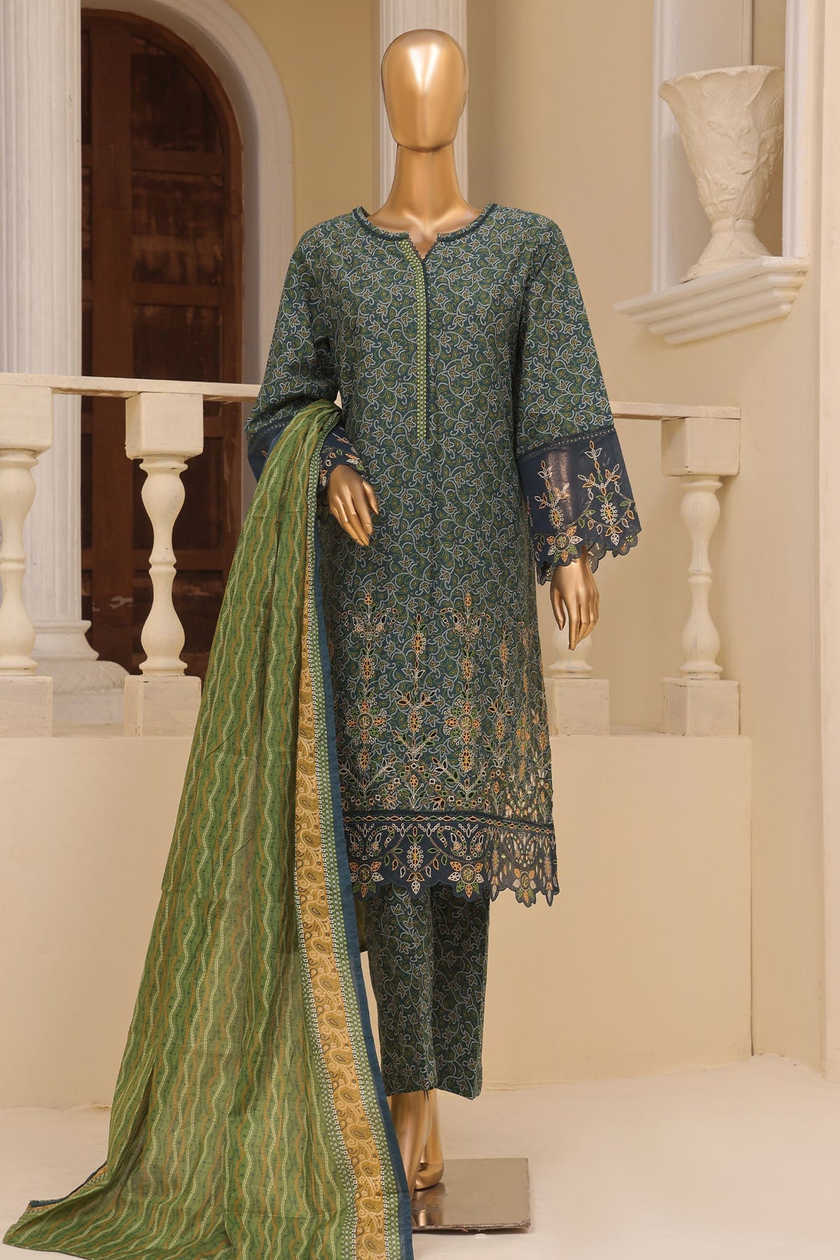 Bin Saeed Stitched 3 Piece Exclusive Emb Lawn Vol-02 Collection-SM-1577-Green