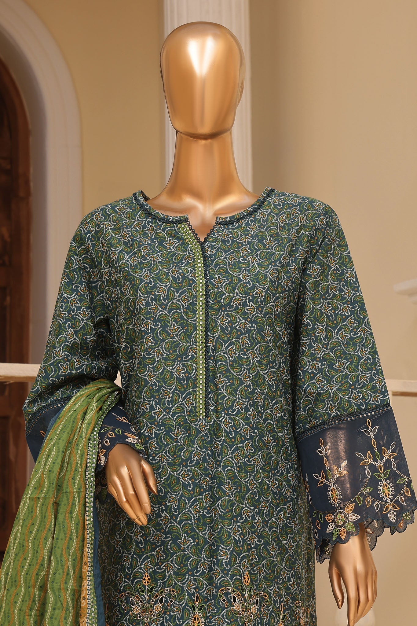 Bin Saeed Stitched 3 Piece Exclusive Emb Lawn Vol-02 Collection-SM-1577-Green