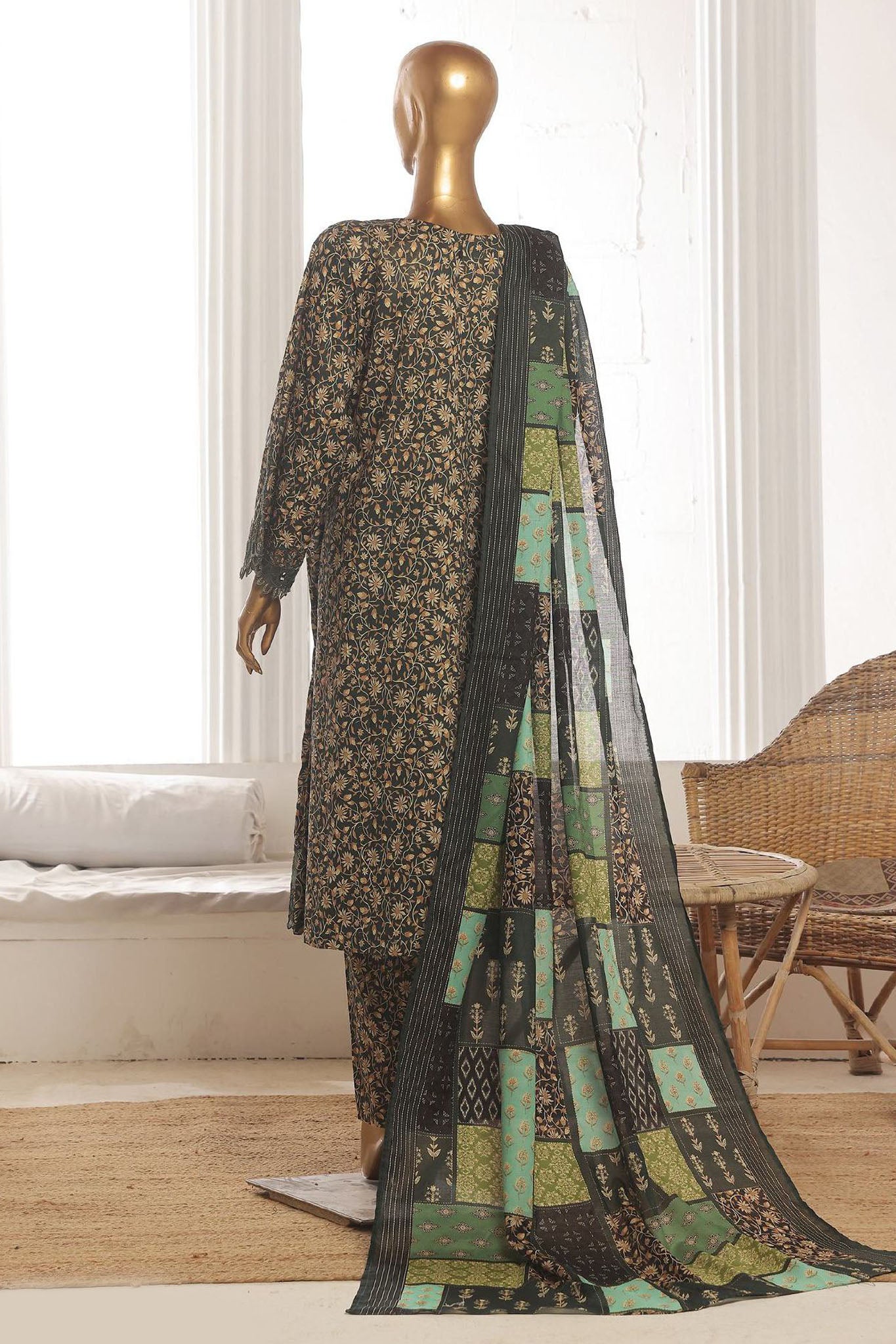 Bin Saeed Stitched 3 Piece Emb Lawn Frock Vol-03 Collection-SM-1634-Green