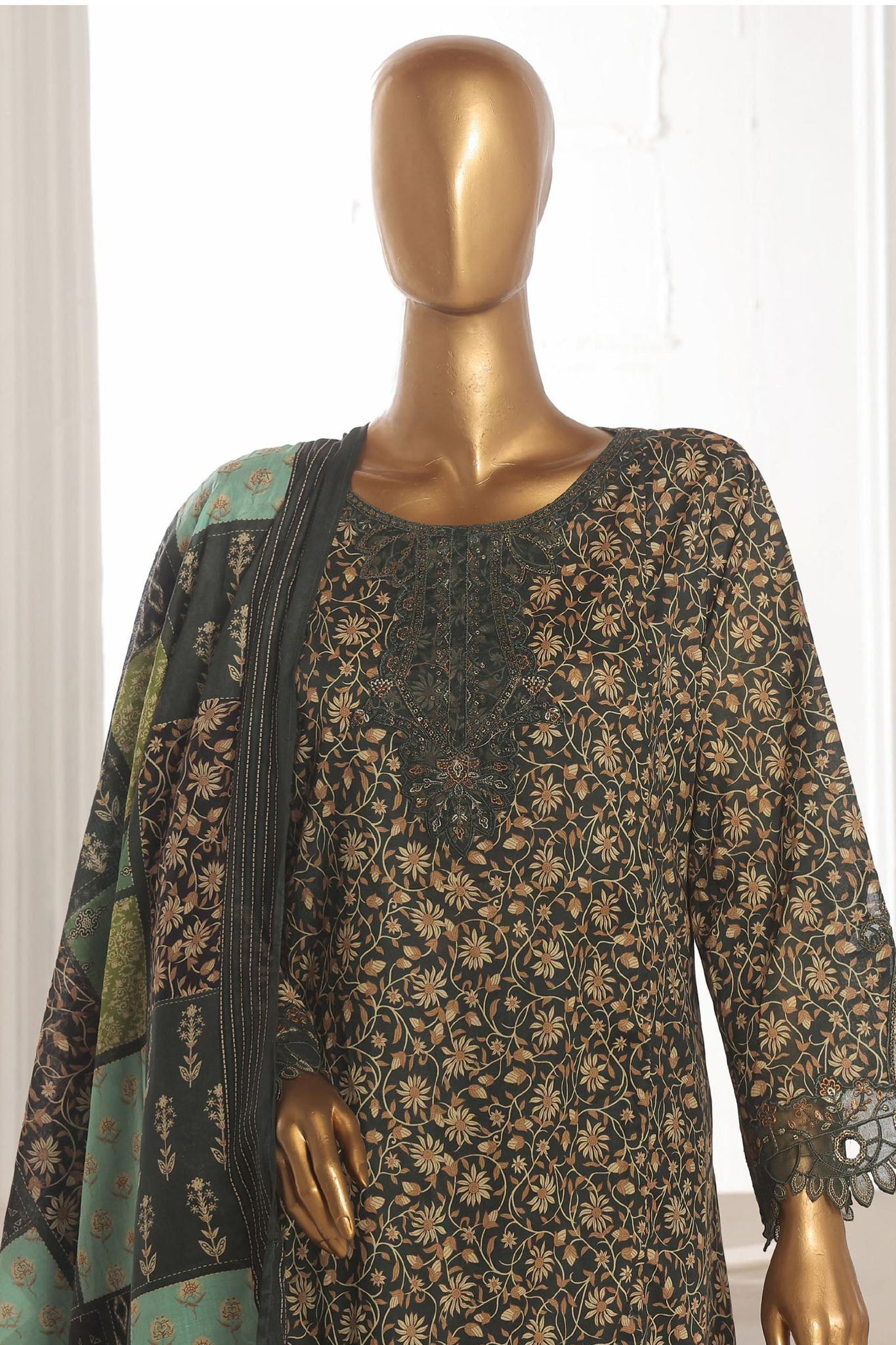 Bin Saeed Stitched 3 Piece Emb Lawn Frock Vol-03 Collection-SM-1634-Green
