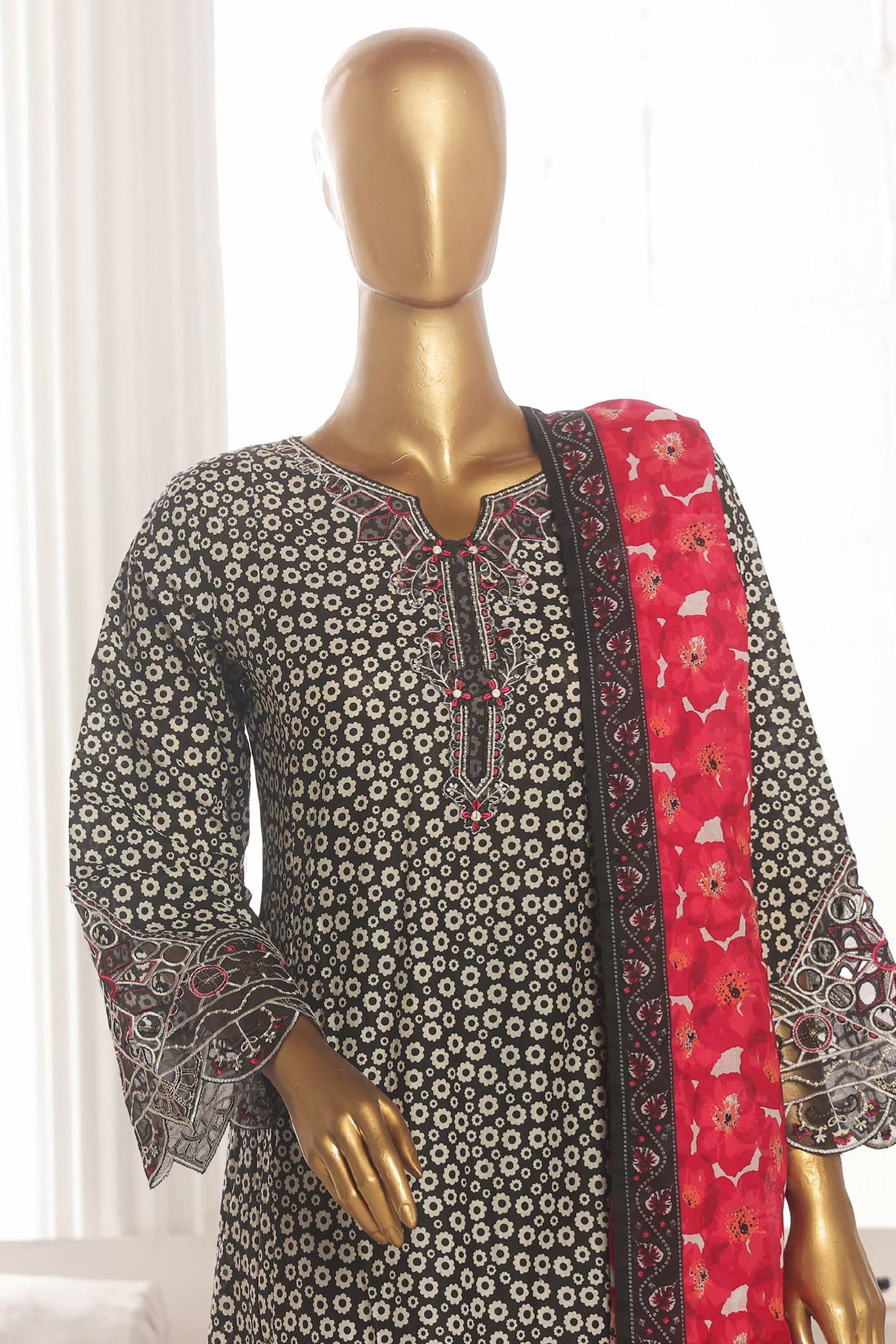 Bin Saeed Stitched 3 Piece Emb Lawn Frock Vol-03 Collection-SM-1636-Black