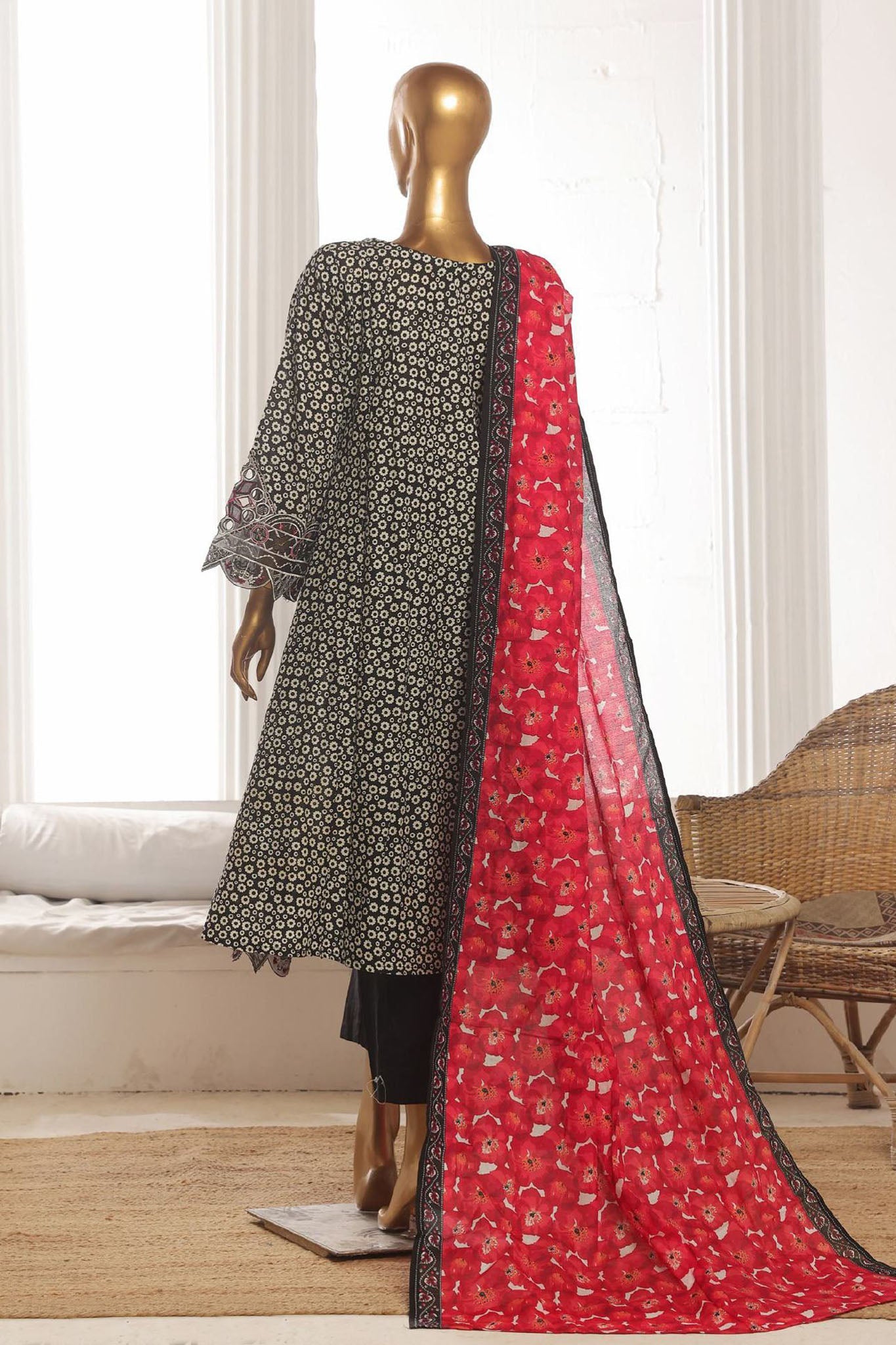 Bin Saeed Stitched 3 Piece Emb Lawn Frock Vol-03 Collection-SM-1636-Black