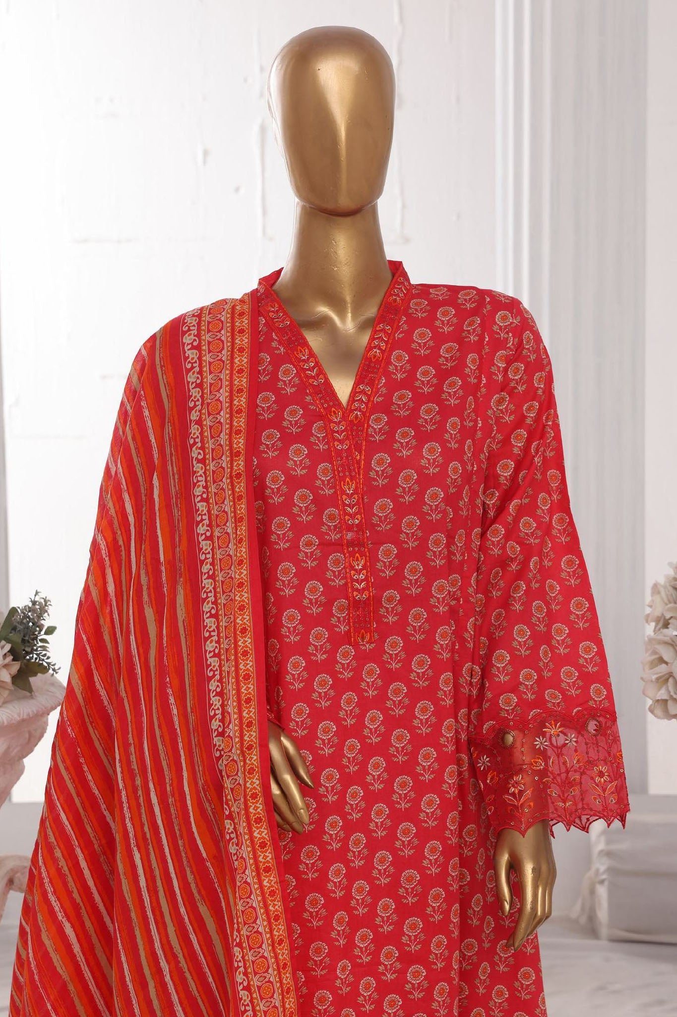 Bin Saeed Stitched 3 Piece Emb Lawn Frock Vol-03 Collection-SM-1637-Red
