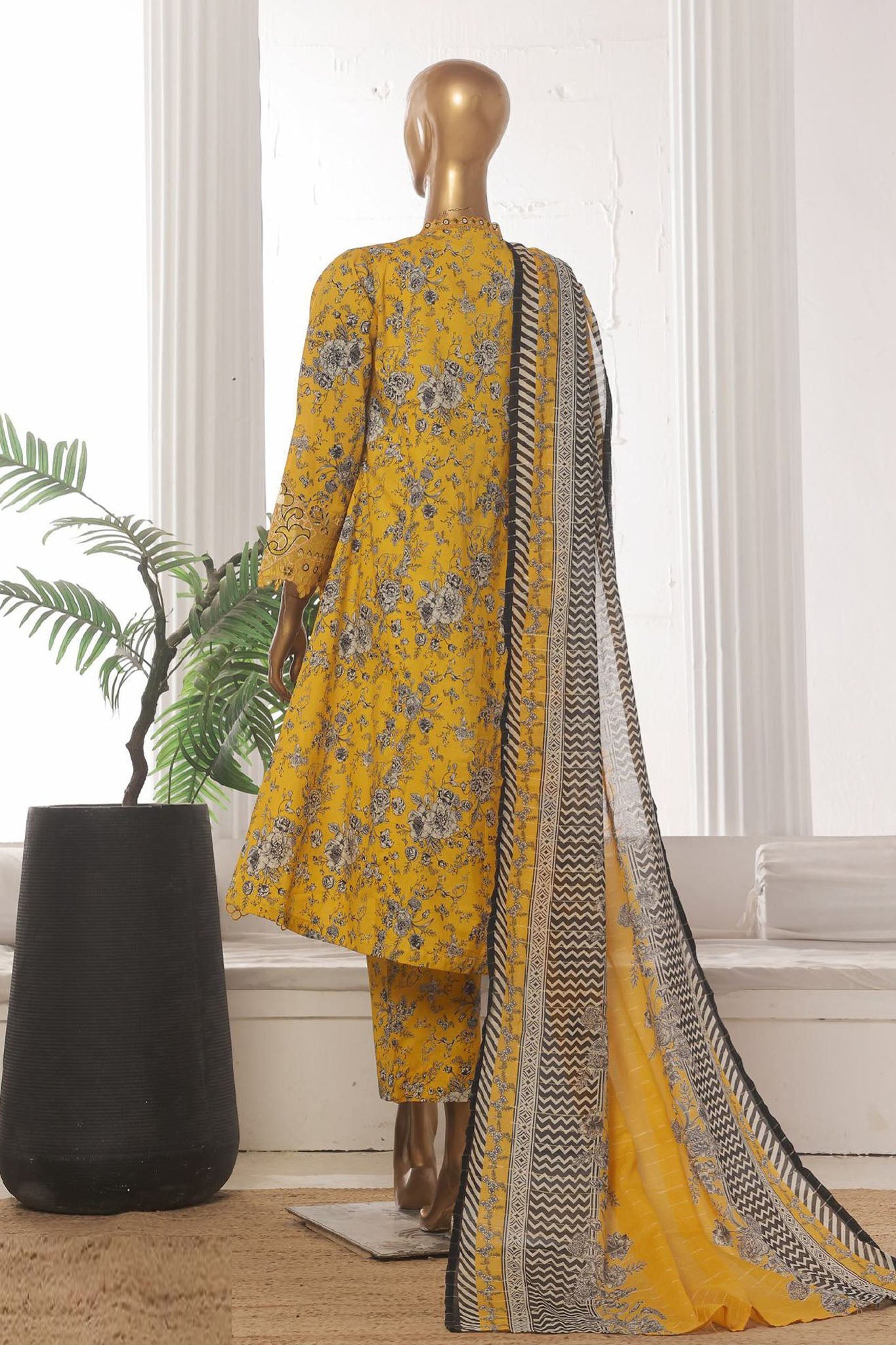 Bin Saeed Stitched 3 Piece Emb Lawn Frock Vol-03 Collection-SM-1639-Yellow