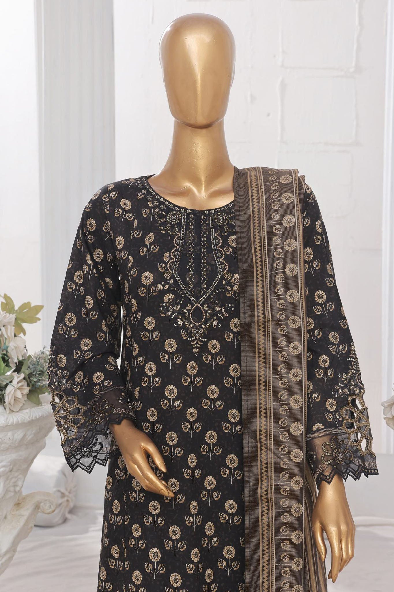 Bin Saeed Stitched 3 Piece Emb Lawn Frock Vol-03 Collection-SM-1645-Black