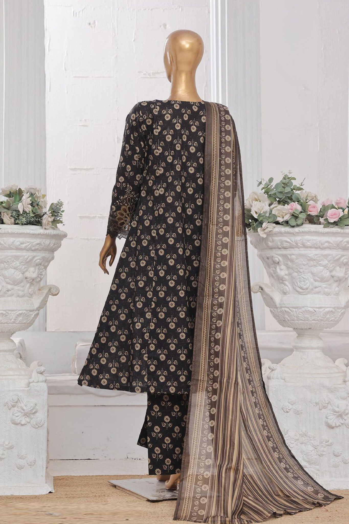 Bin Saeed Stitched 3 Piece Emb Lawn Frock Vol-03 Collection-SM-1645-Black